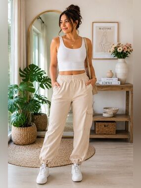 Studio Blue Beige Cargo Jogger Pants Size 27 Utility Cotton Stretch